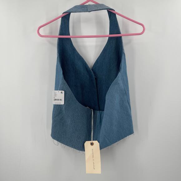 FREE PEOPLE x TRICIA FIX Split Denim Vest Size Extra Small Patchwork Halter NWT - Picture 2 of 15